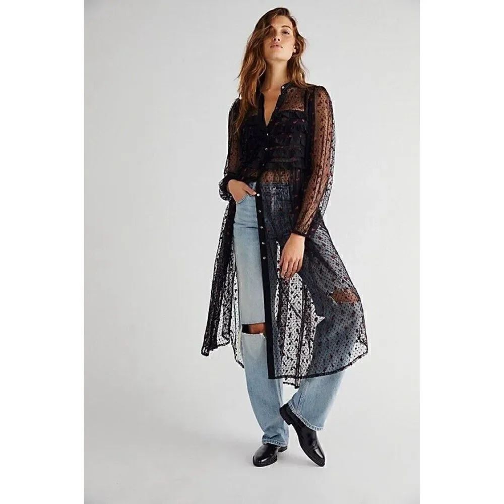 NEW FREE PEOPLE ROSE MAXI TOP EMBROIDERED MESH LACE SHIRT DRESS TUNIC BLACK